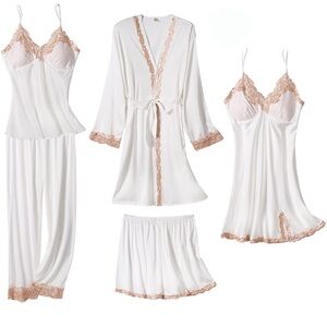 Elegant White and Cream Lace Sleepwear 5 Piece Set